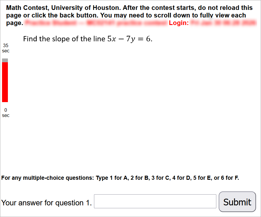 A contest problem is shown which represents a sample first problem on the contest. There is a rectangle near the bottom of the page where students can type in their answer, and to the right of that box is a button labeled Submit.